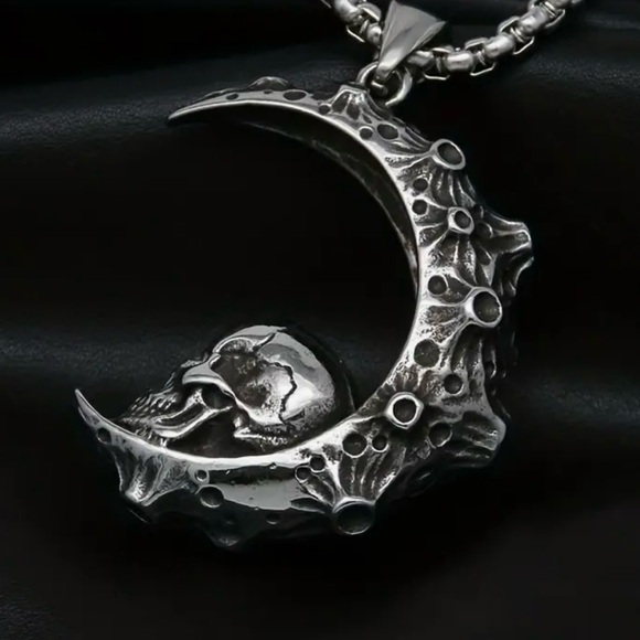 “Skull on the Moon” Regolith Lunar Crater Crescent Celestial Goth Steel Necklace - Picture 7 of 16